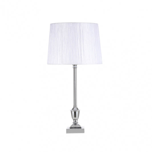 Sobremesa Roble Cromo con pantalla blanca, ideal para decoración de interiores. Fabrilamp.