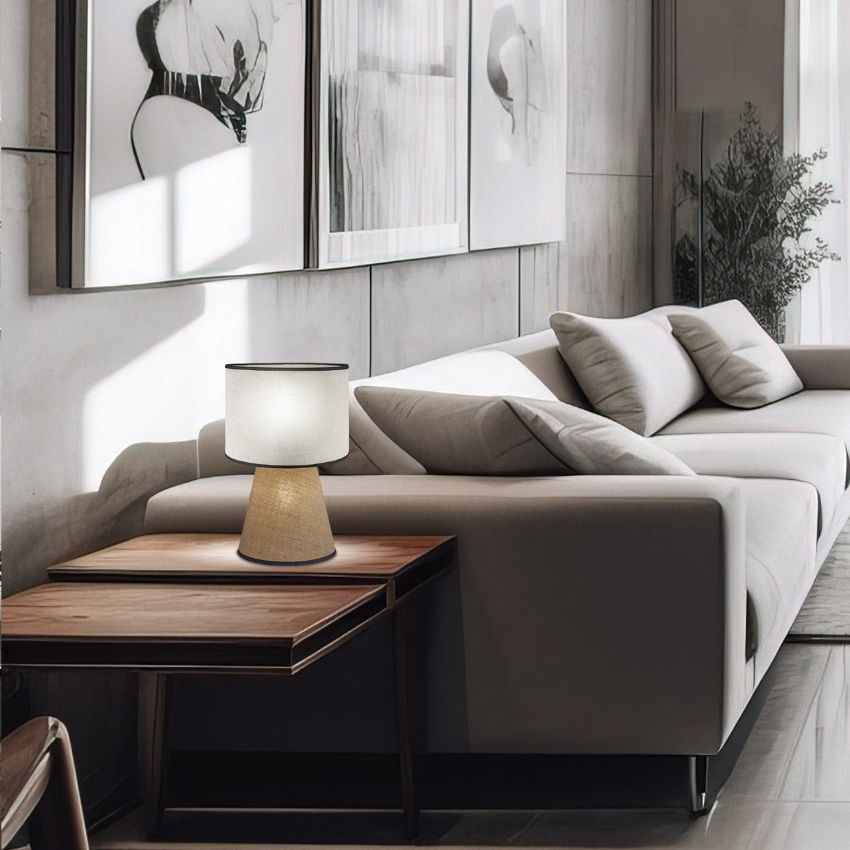 Lámpara sobremesa Selma Beige-Tostado AJP/Alemar (Ref. 11197): Dimensiones detalladas. Iluminación elegante y de calidad superior para tu hogar.  Luzguru.com
