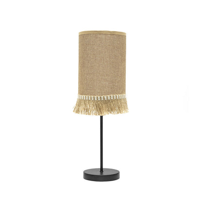 Lámpara sobremesa Sibila de Fabrilamp/Abrila con pantalla textil de saco-yute negro/arena, diseño cilíndrico moderno