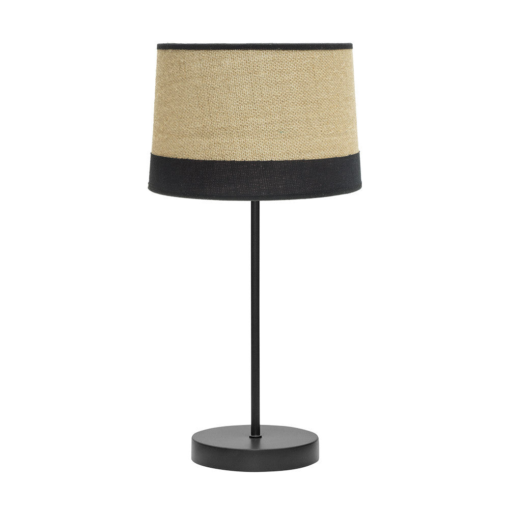 Lámpara sobremesa Tietar de Fabrilamp con pantalla de tejido de saco y lino rayado en color negro