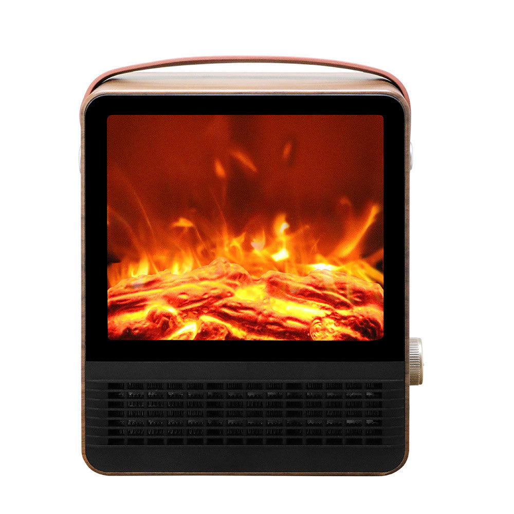 Termoventilador Caleta fabricado en metal color marrón, con efecto llama