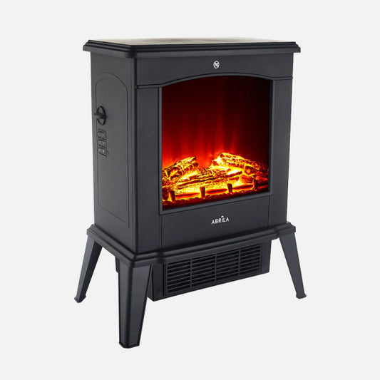 Termoventilador Cerámico PTC Cameron 1800 W Negro Efecto Llama Fabrilamp instalada en ambiente decorativo de salón o dormitorio | Fabrilamp / Abrila