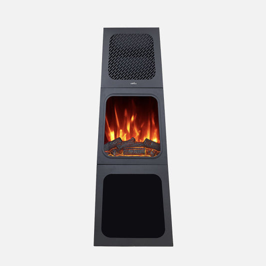 Termoventilador Cerámico Cornelius 1800 W Negro Efecto Llama Fabrilamp instalada en ambiente decorativo de salón o dormitorio | Fabrilamp / Abrila