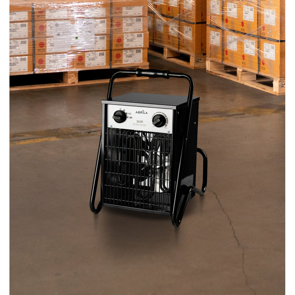 Termoventilador Simeon fabricado en metal negro con protección IP24 y termostato regulable