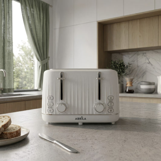 Tostador de Pan Jacaranda 1860 W 4 Ranuras Blanco Fabrilamp instalada en ambiente decorativo de salón o dormitorio | Fabrilamp / Abrila