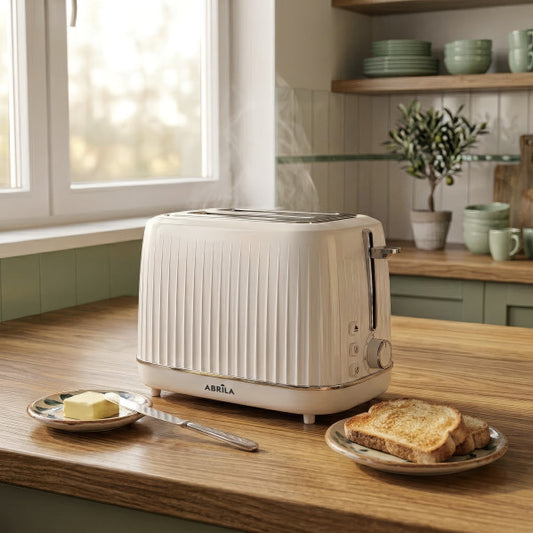Tostador Jacaranda 930 W 2 Rebanadas Blanco Fabrilamp instalada en ambiente decorativo de salón o dormitorio | Fabrilamp / Abrila