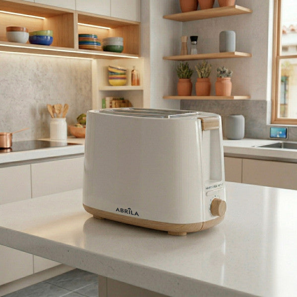 Tostador de Pan Ulla 750 W Blanco/Haya Fabrilamp instalada en ambiente decorativo de salón o dormitorio | Fabrilamp / Abrila