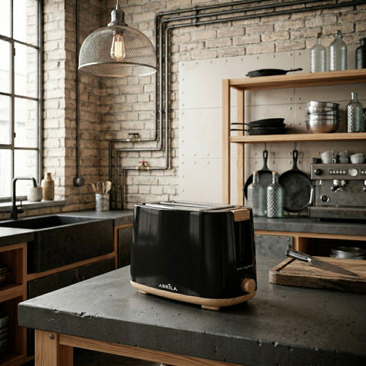 Tostador de Pan Ulla 750 W Negro/Haya 2 Ranuras Fabrilamp instalada en ambiente decorativo de salón o dormitorio | Fabrilamp / Abrila
