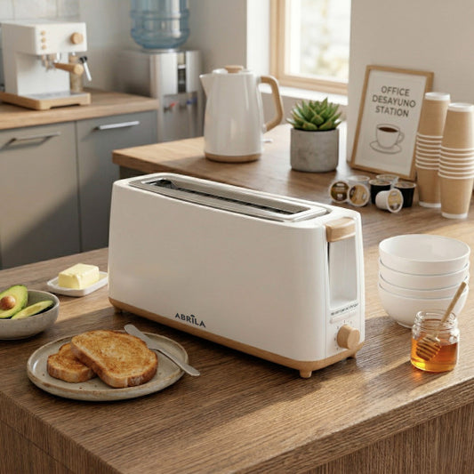 Tostador de Pan Yeltes 900 W Blanco/Haya Fabrilamp instalada en ambiente decorativo de salón o dormitorio | Fabrilamp / Abrila