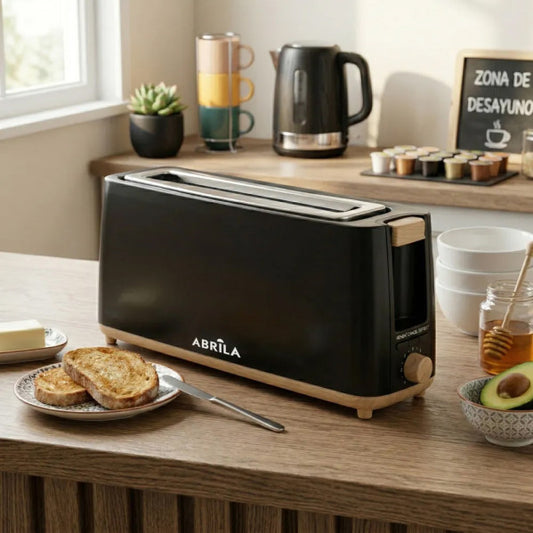 Tostador de Pan Yeltes 900 W Negro/Haya 7 Niveles Fabrilamp instalada en ambiente decorativo de salón o dormitorio | Fabrilamp / Abrila