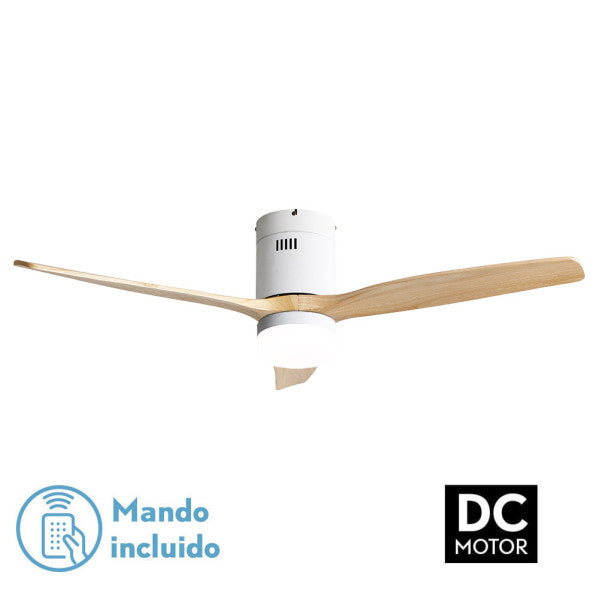 Ventilador de techo Aguilón Blanco/Haya con 3 aspas, mando a distancia y luz LED integrada.