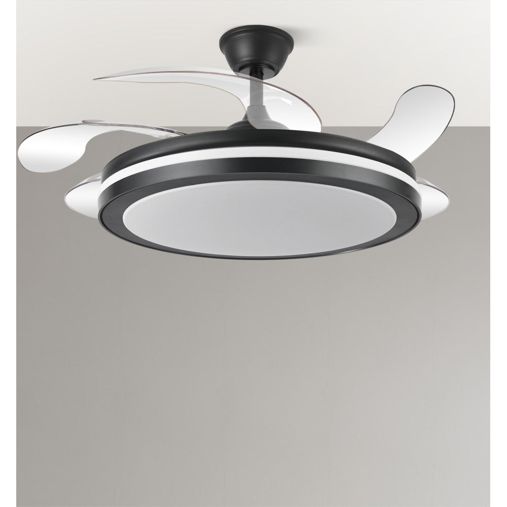 Elegante ventilador negro con aspas retráctiles ideal para salón