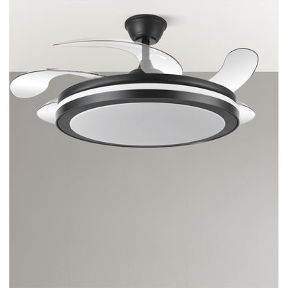 Elegante ventilador negro con aspas retráctiles ideal para salón
