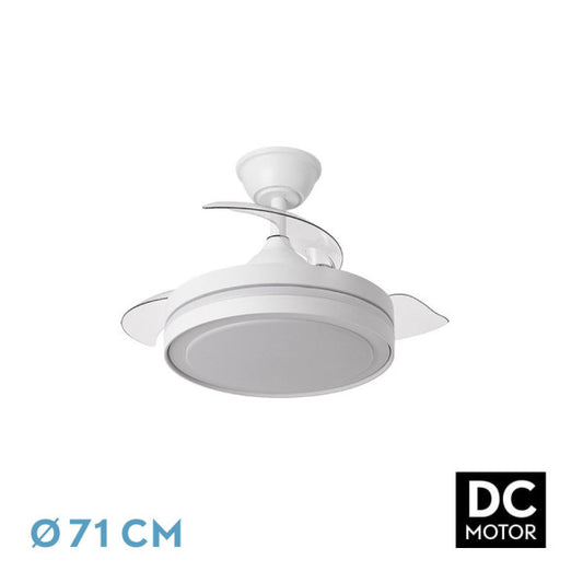 Ventilador DC Esparta Peque 44W blanco de Fabrilamp con aspas plegables, vista frontal.