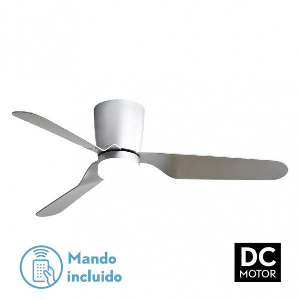 Ventilador de techo Kochi níquel y plata con 3 aspas, mando a distancia y temporizador.