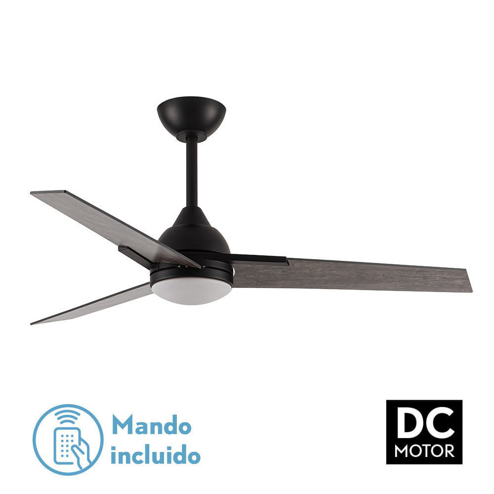 Ventilador de techo fabricado en metal negro mate y aspas de MDF gris