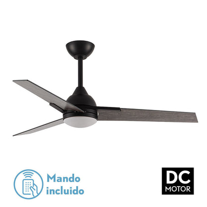 Ventilador de techo fabricado en metal negro mate y aspas de MDF gris
