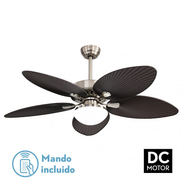 Ventilador de Techo con Luz LED Borasco 132 cm Níquel y Marrón Fabrilamp instalada en ambiente decorativo de salón o dormitorio | Fabrilamp / Abrila