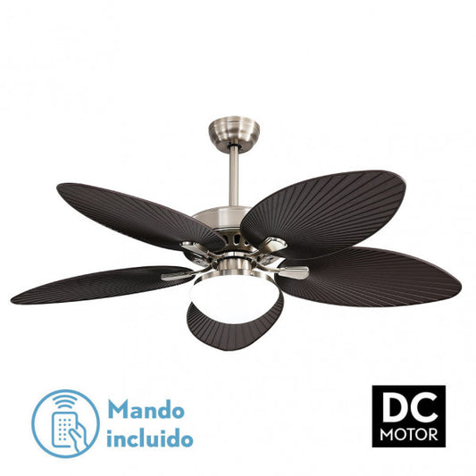 Ventilador de Techo con Luz LED Borasco 132 cm Níquel y Marrón Fabrilamp instalada en ambiente decorativo de salón o dormitorio | Fabrilamp / Abrila