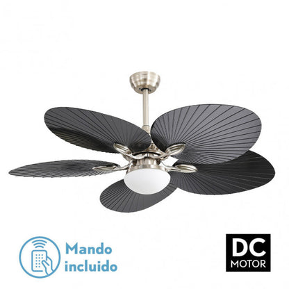 Ventilador de Techo con Luz LED Chaw 132 cm Níquel y Negro Fabrilamp instalada en ambiente decorativo de salón o dormitorio | Fabrilamp / Abrila