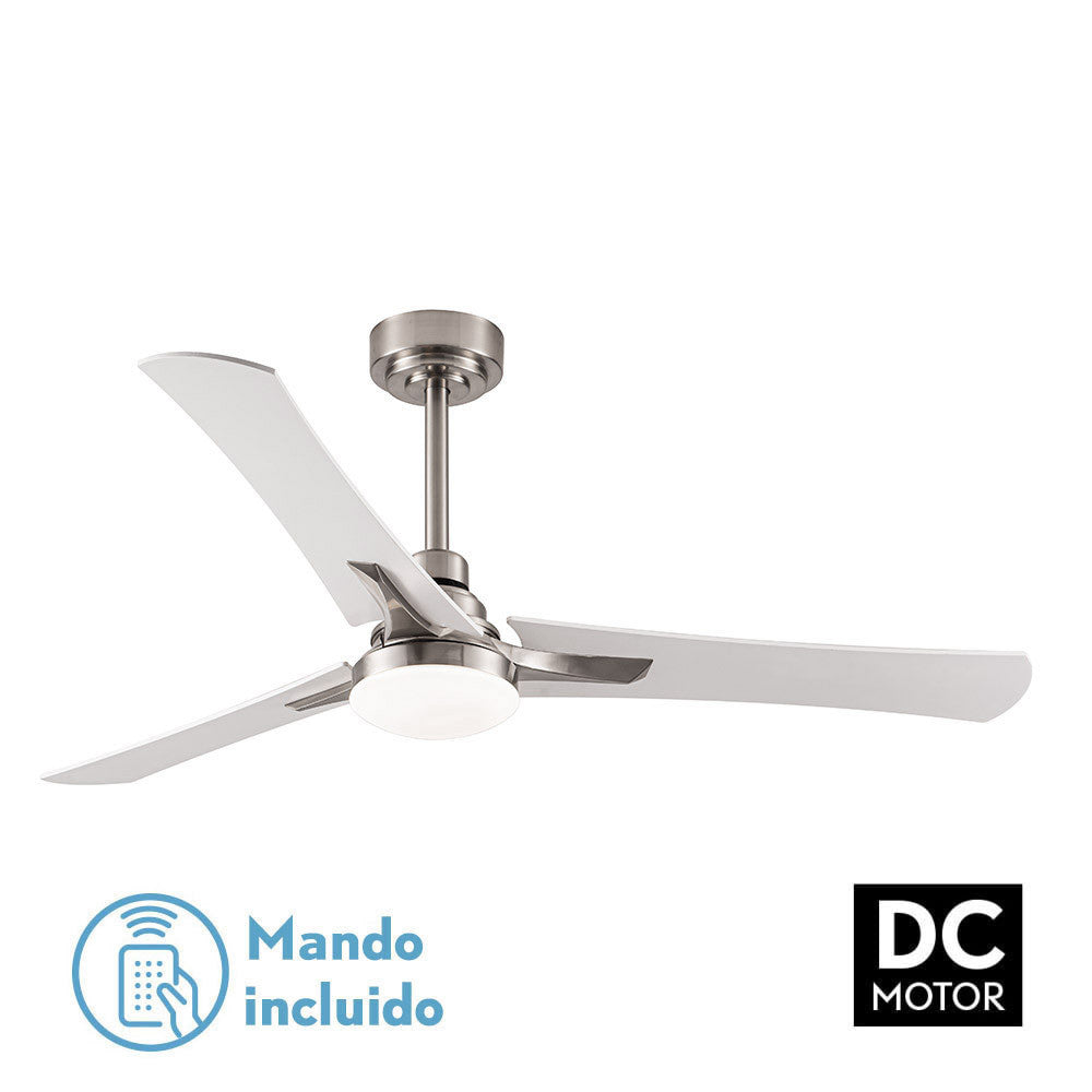 Ventilador CORO fabricado en metal níquel con aspas reversibles MDF blanco/haya y difusor de cristal
