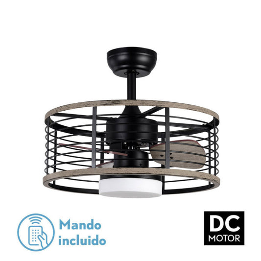 Ventilador de techo PELLA negro y madera, vista general. Fabrilamp, luzguru.com