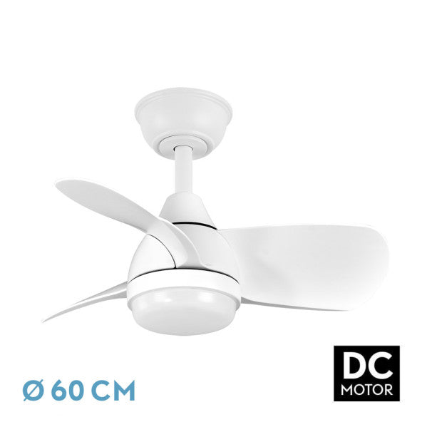 Ventilador de techo PIRDO blanco de Fabrilamp, 24W, 3 aspas, 60cm de diámetro, con mando a distancia y luz regulable.