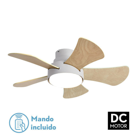 Ventilador Gregario 25W DC blanco y haya, 5 aspas, vista frontal, control remoto incluido.