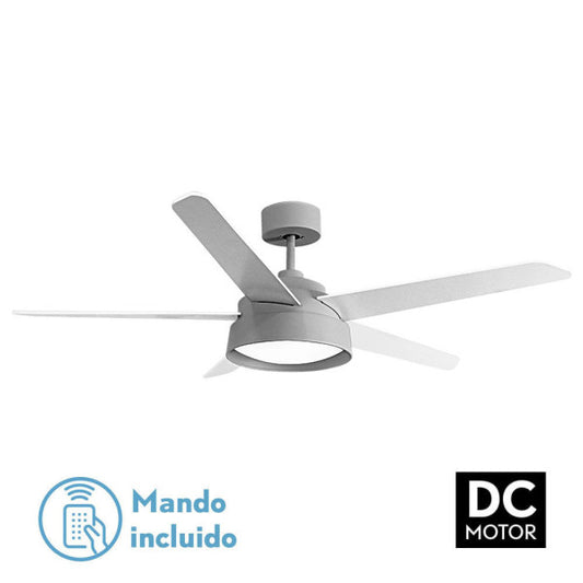 Ventilador de techo Lebeche gris y blanco con 5 aspas reversibles, mando a distancia y luz LED integrada.