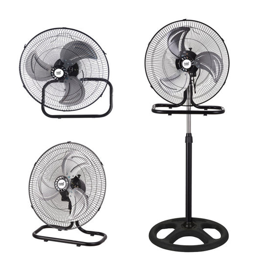 Ventilador Industrial Recio Negro 50cm, vista frontal, 3 aspas de aluminio.