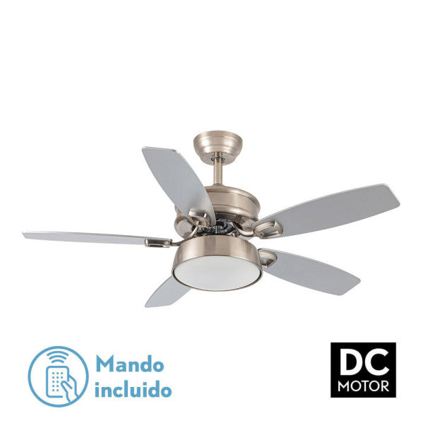 Ventilador Braw 30W DC Níquel/Haya con 5 aspas de plata. Fabrilamp. luzguru.com