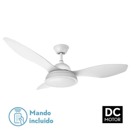 Ventilador de techo Datoo blanco de Fabrilamp, vista frontal con aspas, mando a distancia y detalles de diseño.