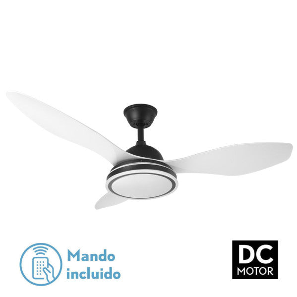 Ventilador de techo Datoo negro con 3 aspas blancas, 6 velocidades y mando a distancia. Fabrilamp.