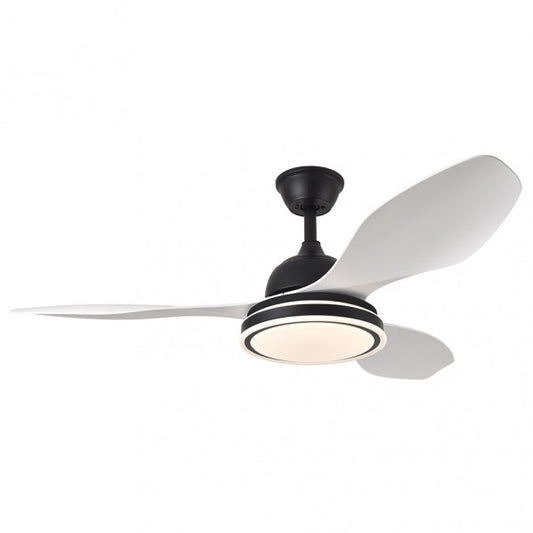 Ventilador de Techo con Luz LED Datoo 122 cm Negro y Aspas Blancas Fabrilamp instalada en ambiente decorativo de salón o dormitorio | Fabrilamp / Abrila