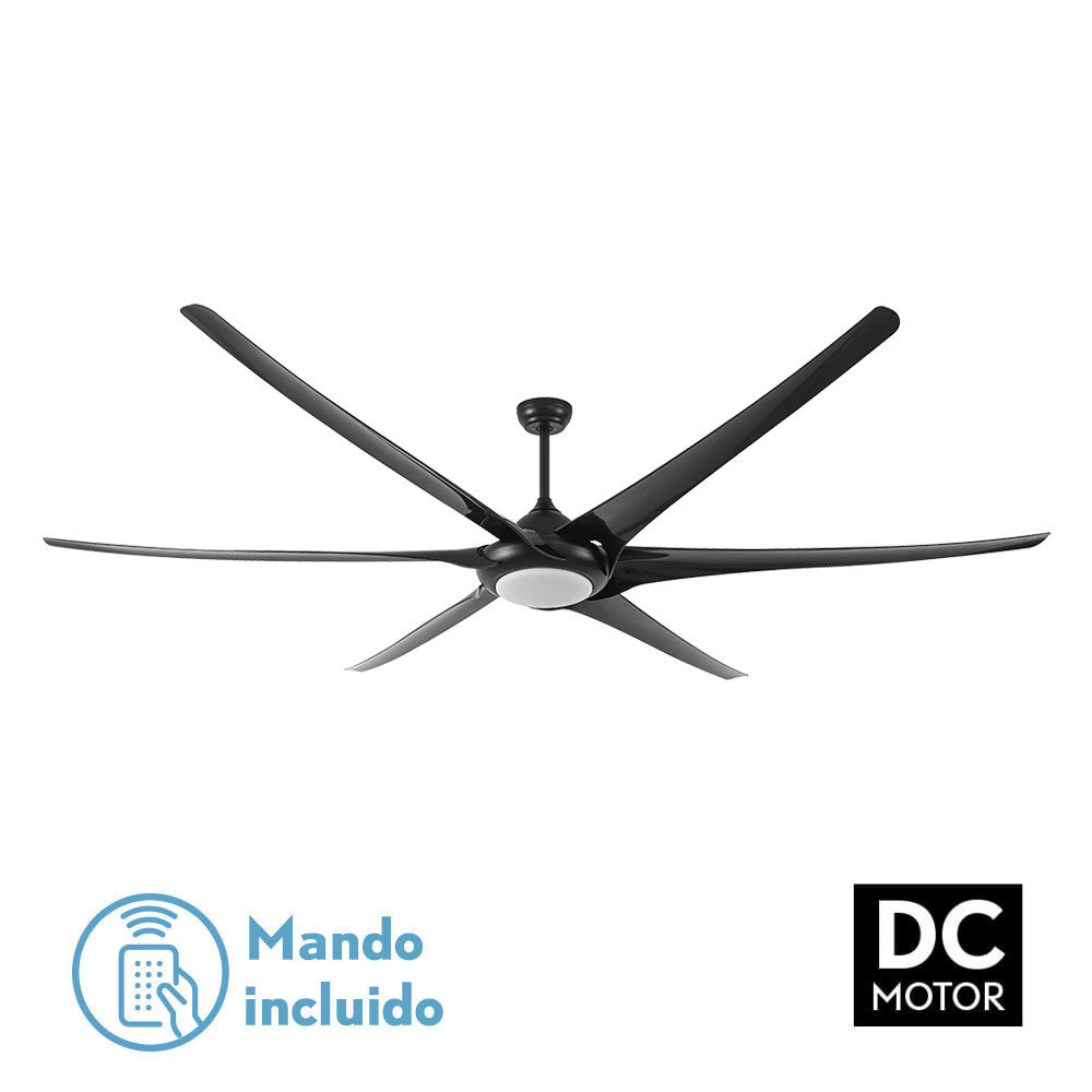 Ventilador de techo MONCAYO fabricado en metal negro mate y ABS con tulipa de cristal transparente
