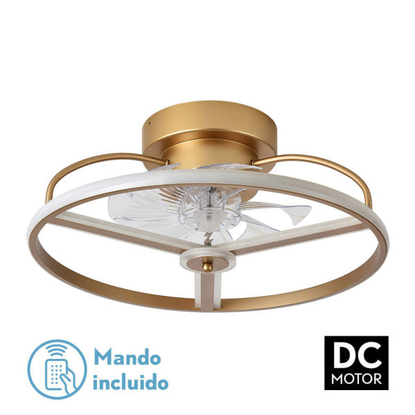 Ventilador de techo Bora Dorado de Fabrilamp con 8 aspas transparentes y mando a distancia.