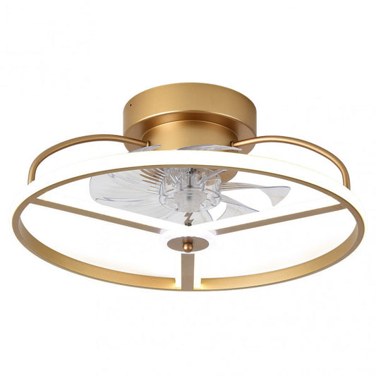 Ventilador de Techo con Luz LED Bora 50 cm Dorado Fabrilamp instalada en ambiente decorativo de salón o dormitorio | Fabrilamp / Abrila