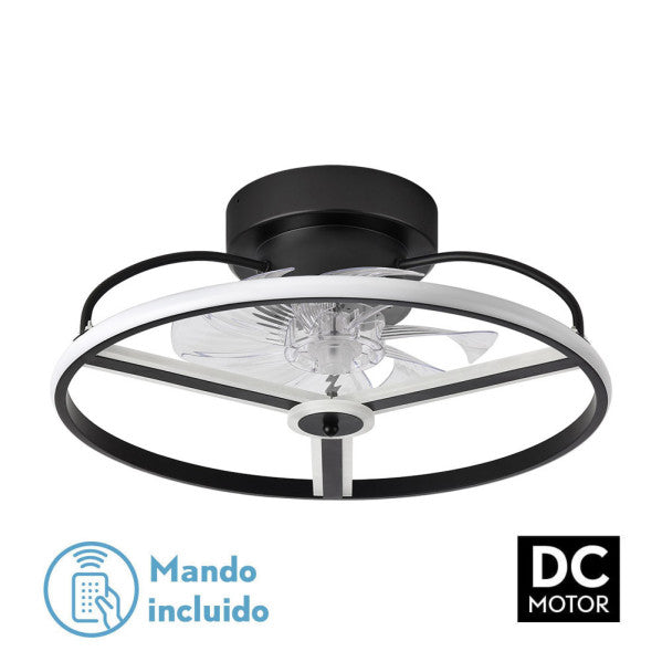 Ventilador de techo Bora Negro 60W DC de Fabrilamp, vista frontal, 8 aspas transparentes.