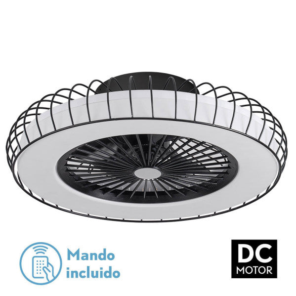 Ventilador de techo Albonez negro de Fabrilamp, vista frontal con aspas transparentes.