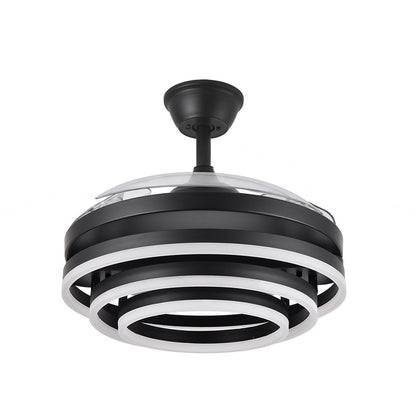 Ventilador de techo fabricado en metal negro y ABS transparente con luz LED integrada