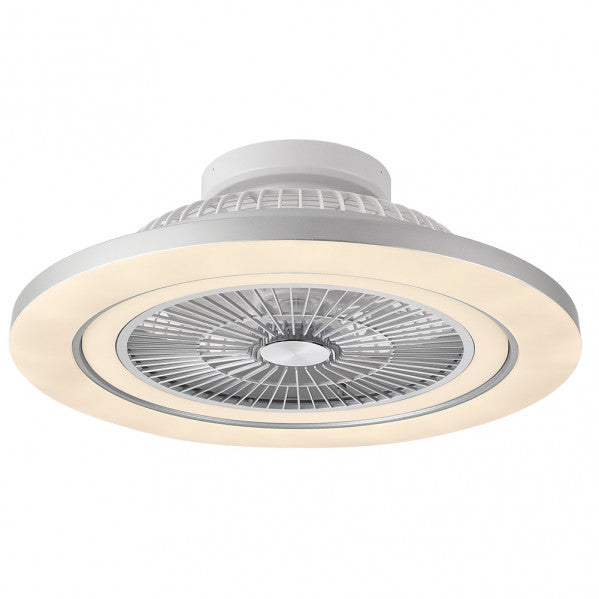Ventilador de Techo con Luz LED Mato 58 cm Níquel Fabrilamp instalada en ambiente decorativo de salón o dormitorio | Fabrilamp / Abrila