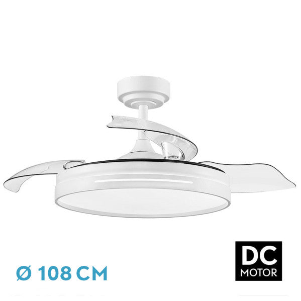 Ventilador de techo Micenas blanco con aspas retráctiles, mando a distancia y luz LED integrada.