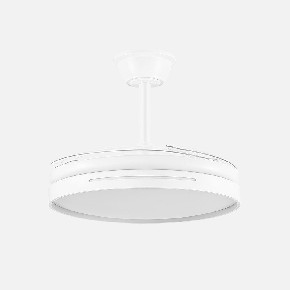 Ventilador techo retráctil fabricado en metal blanco y ABS con aspas transparentes