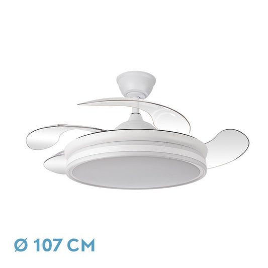 Ventilador de Techo con Aspas Retráctiles Ventilador Bayomo 59w 6980lm Blanco 4 Aspas Desp. 34,5/42x50/107 D.3 Color. Dc.remoto+Reg.Intensidad Fabrilamp / Abrila - vista principal | Fabrilamp / Abrila