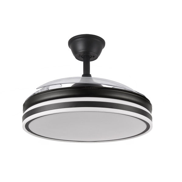 Ventilador Bayomo 72w Negro con aspas desplegables, detalle del mando a distancia.