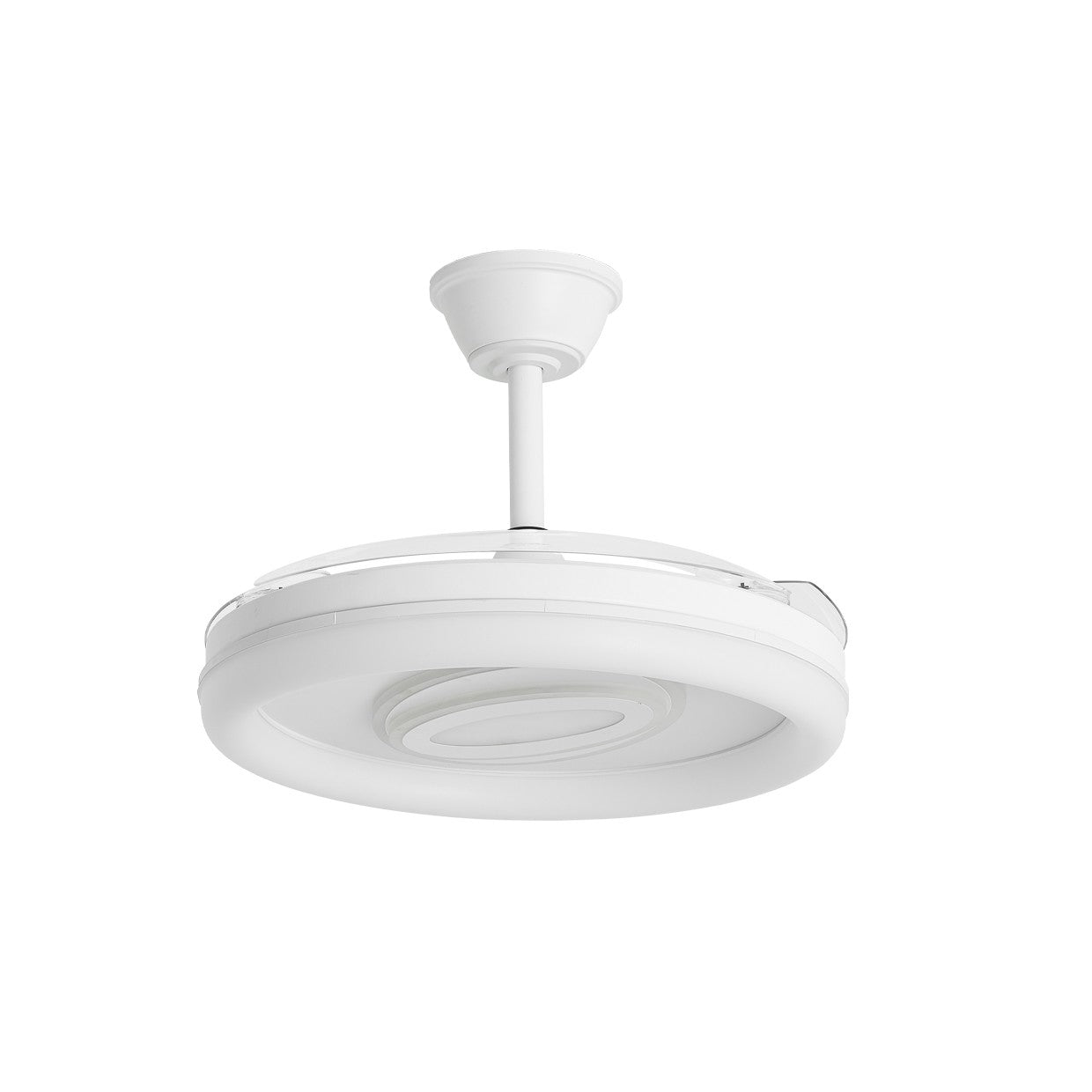 Ventilador de techo Bribón blanco en un ambiente moderno, destacando su capacidad para iluminar y ventilar un espacio con estilo.