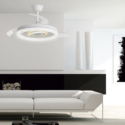 Ventilador de techo Bribón blanco con palas desplegadas, mostrando su funcionalidad de ventilación y luz LED integrada.
