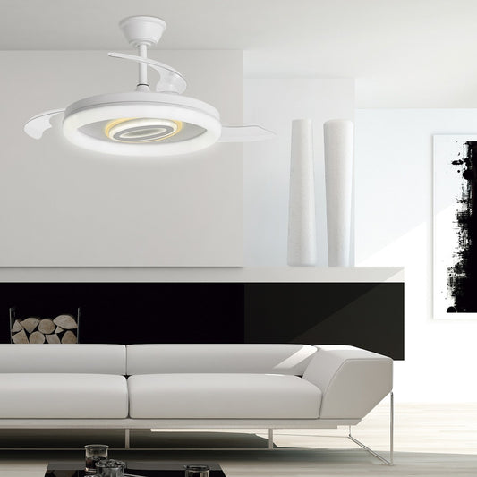 Ventilador de techo Bribón blanco con palas desplegadas, mostrando su funcionalidad de ventilación y luz LED integrada.