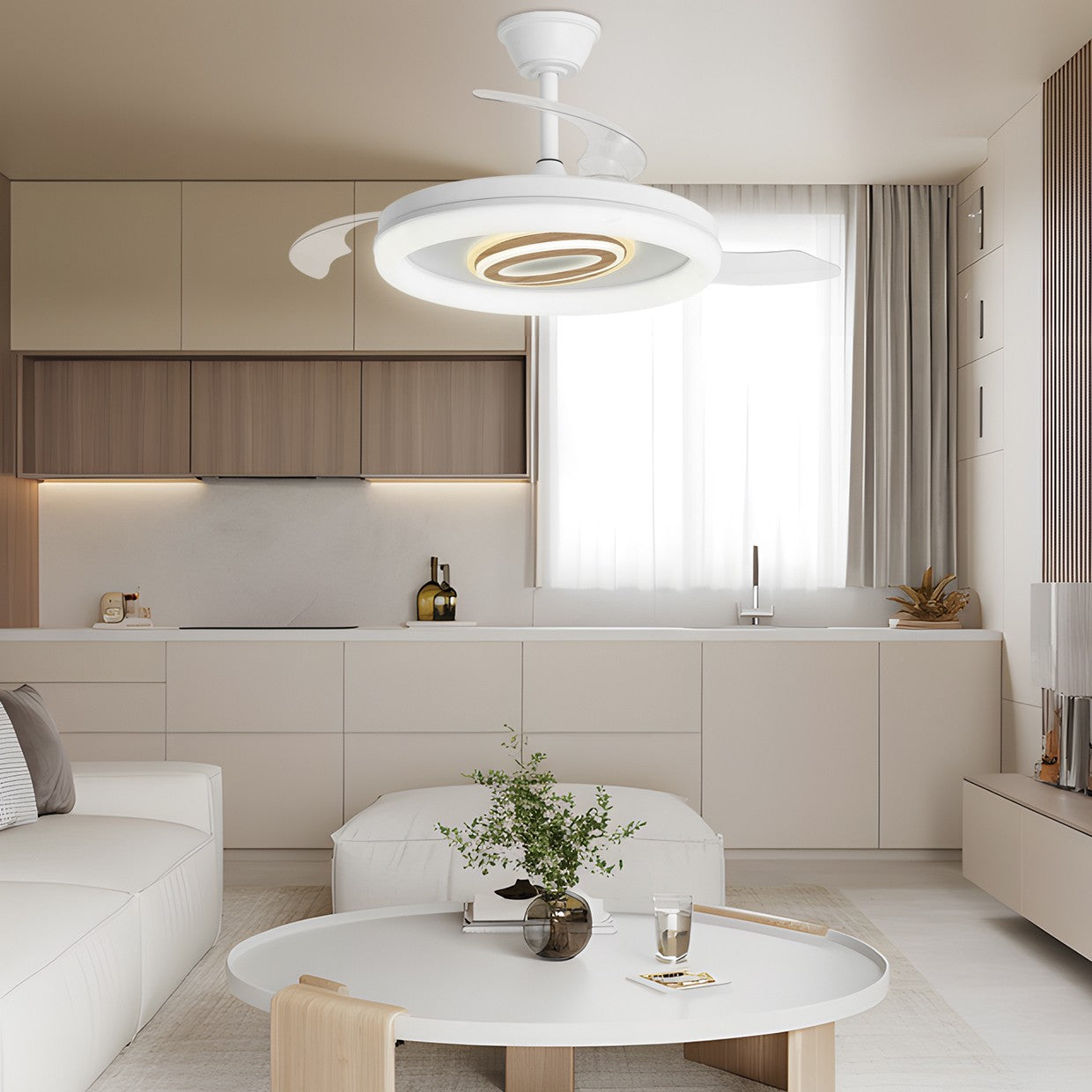 Ventilador BRIBÓN con luz LED encendida y palas extendidas en ambiente moderno