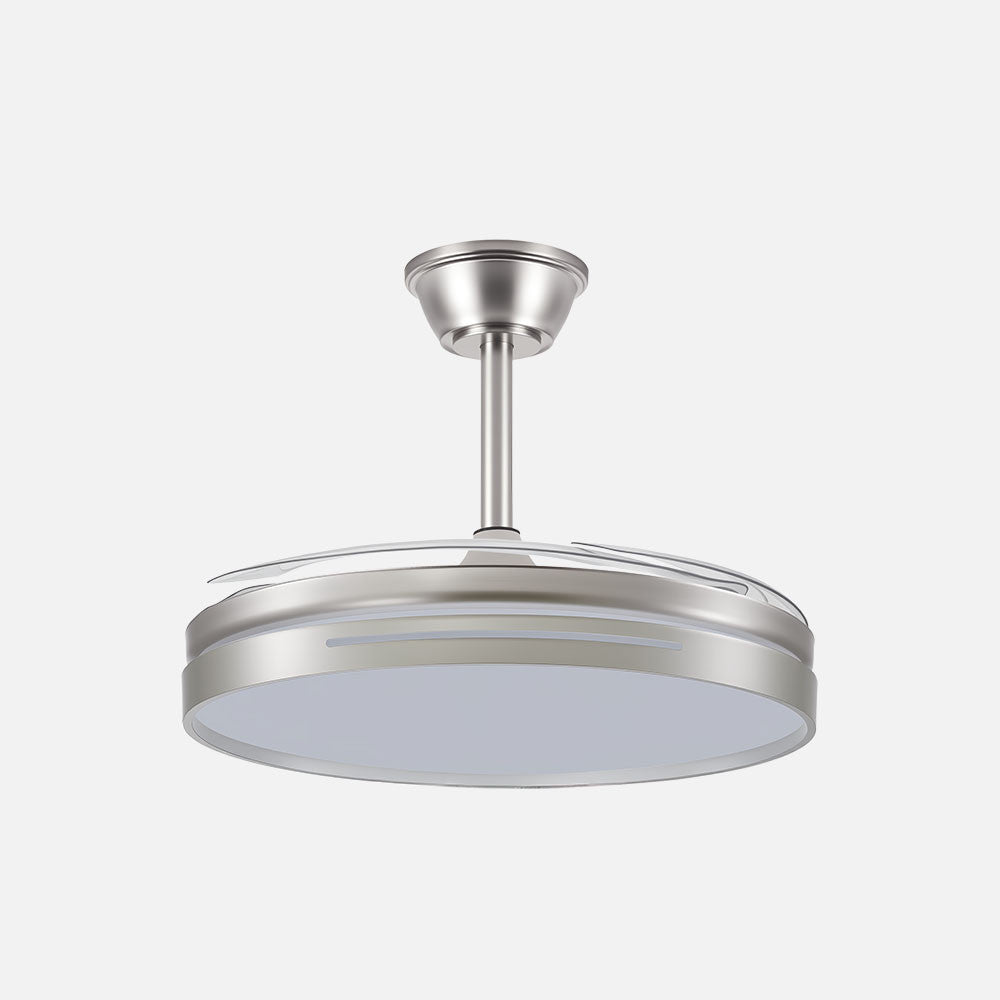 Ventilador Micenas fabricado en metal color níquel con aspas transparentes